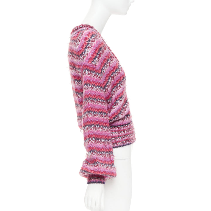 CHANEL 22A pink alpaca blend striped loose knit Vneck CC logo sweater FR38 M