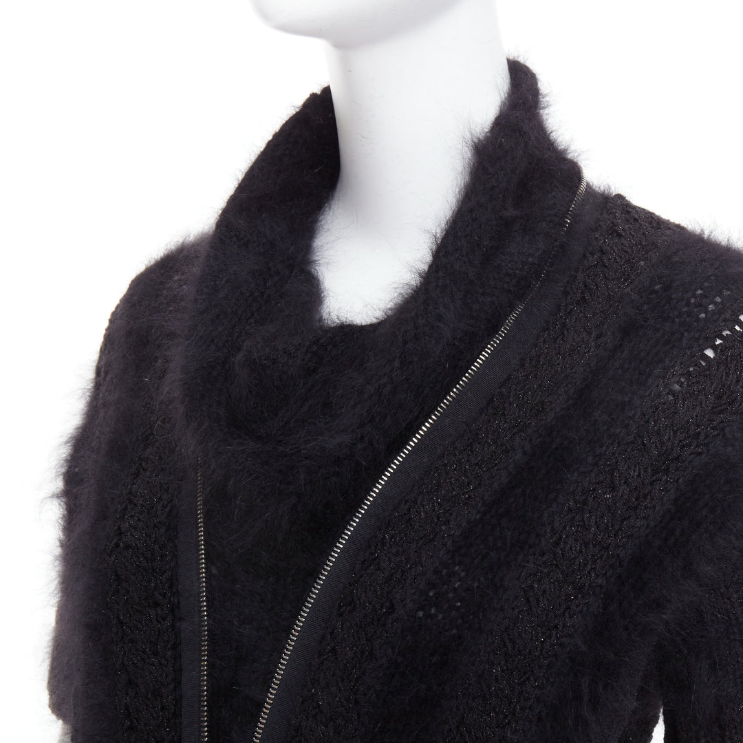 CHANEL 08A black fluffy angora blend CC zip layered sweater FR36 S