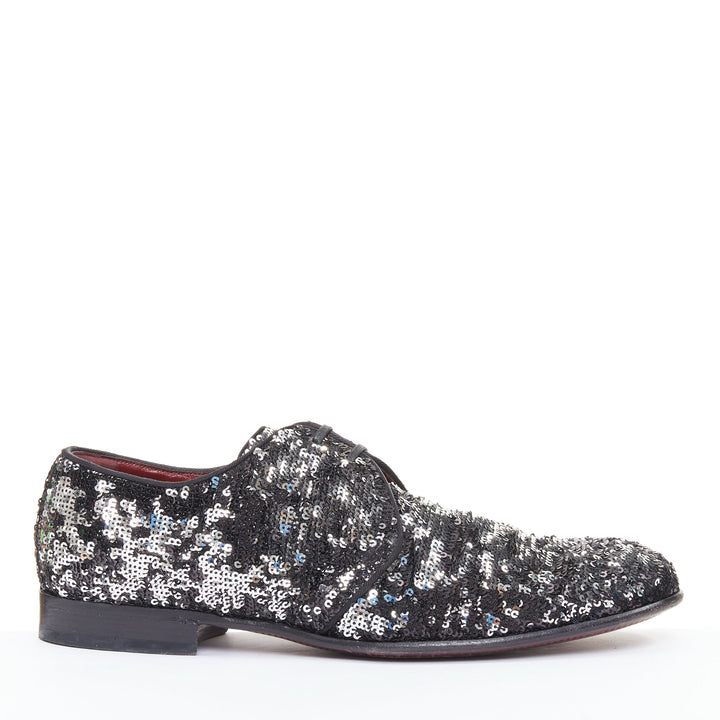 DOLCE GABBANA silver black speckled pailette sequin derby loafer shoes UK9 EU43