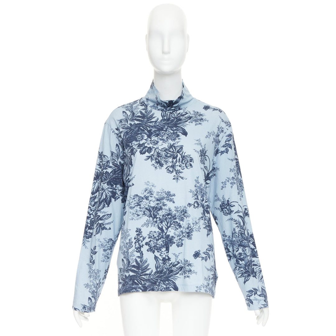 ERDEM 2022 Victor blue cotton Pembridge floral toile print turtleneck tshirt XL