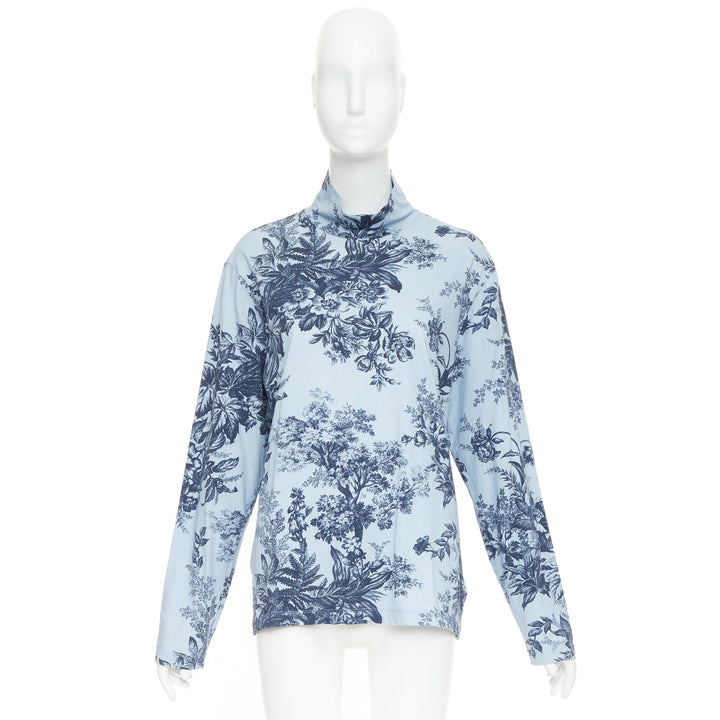 ERDEM 2022 Victor blue cotton Pembridge floral toile print turtleneck tshirt XL