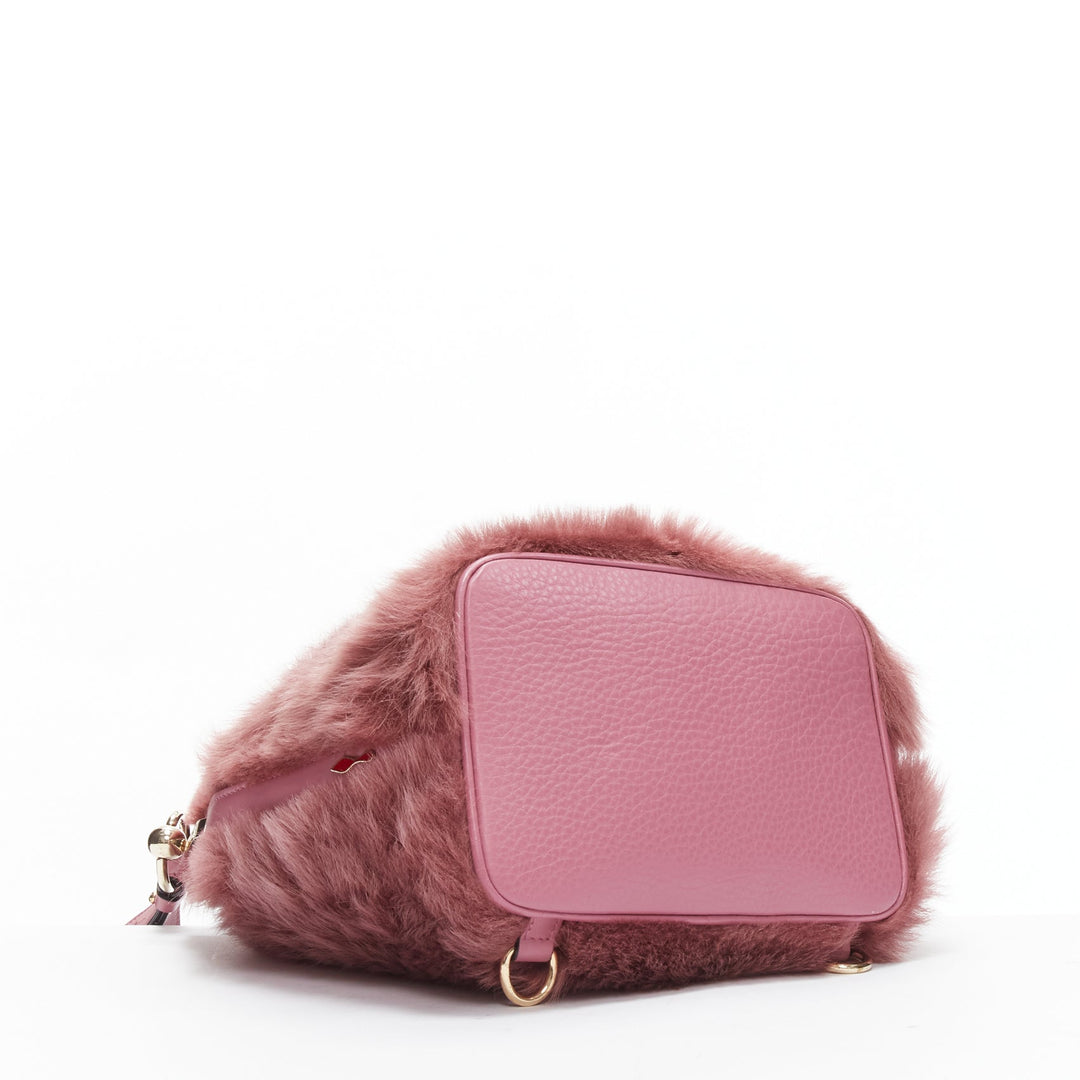 rare CHRISTIAN LOUBOUTIN Luckyl pink lamb fur 2 way shoulder bucket bag backpack