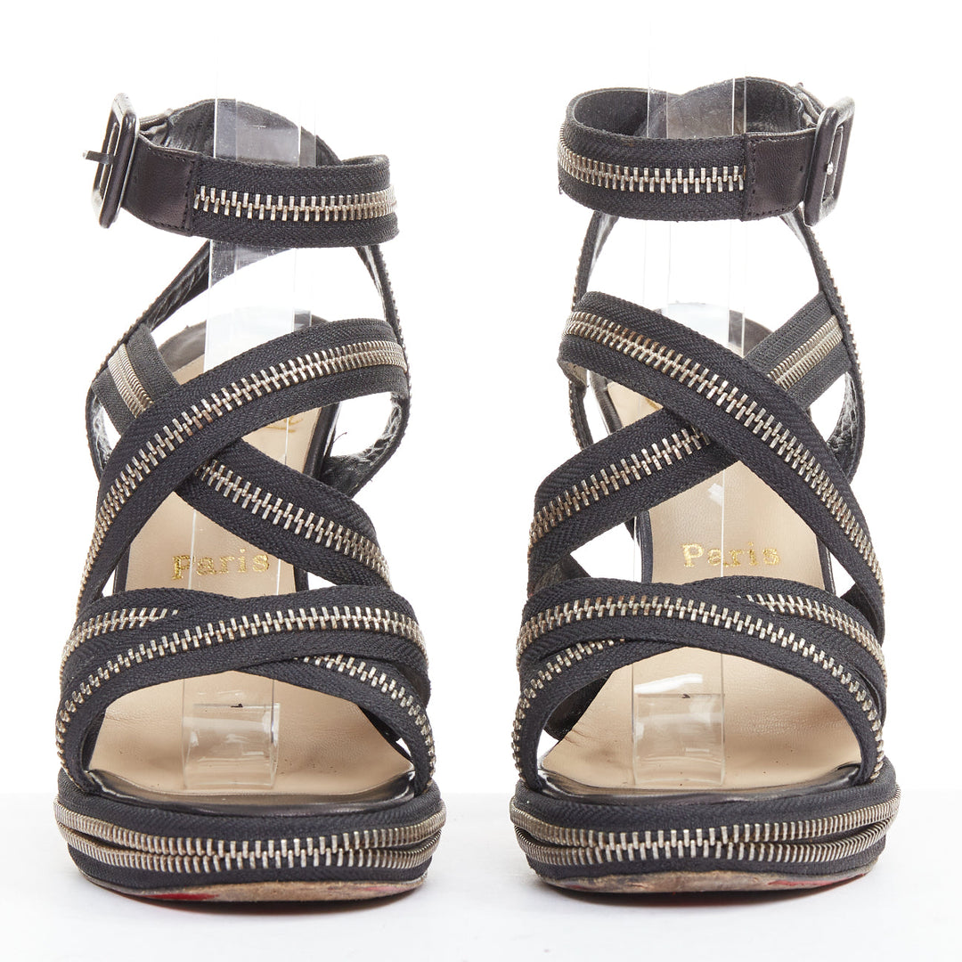 CHRISTIAN LOUBOUTIN Rodita New Nastro Zip black zipper platform sandals EU37.5