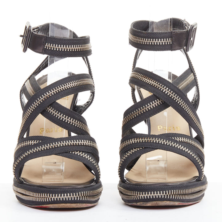 CHRISTIAN LOUBOUTIN Rodita New Nastro Zip black zipper platform sandals EU37.5