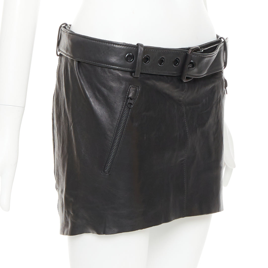 ACNE STUDIOS 2011 Mimi black tumbled lamb leather biker asymmetric skirt FR36 S