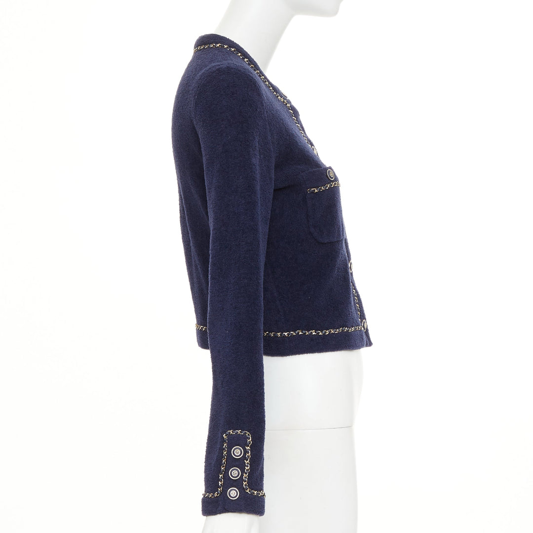 CHANEL 2020 navy cotton terry leather chain trim crop cardigan jacket FR34 XXS