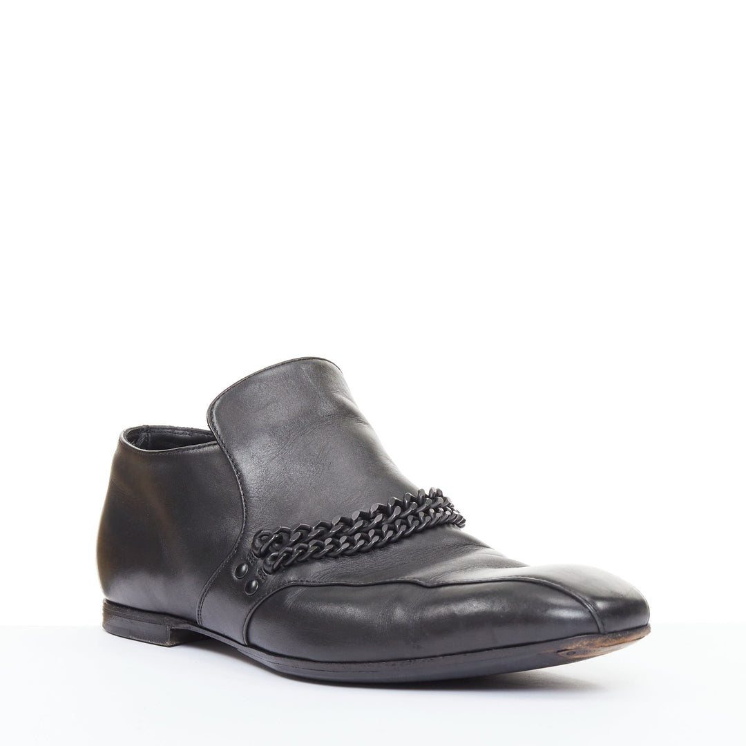 BOTTEGA VENETA 2011 black leather dual tonal chain flat square toe loafers EU43