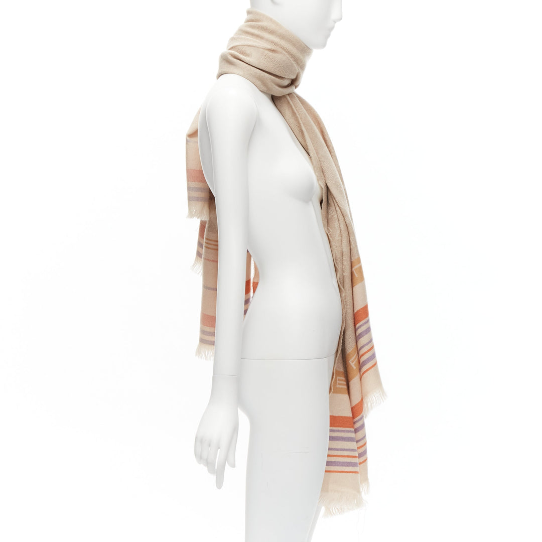 ETRO Home Collection 100% merino wool beige logo stripes fringe scarf