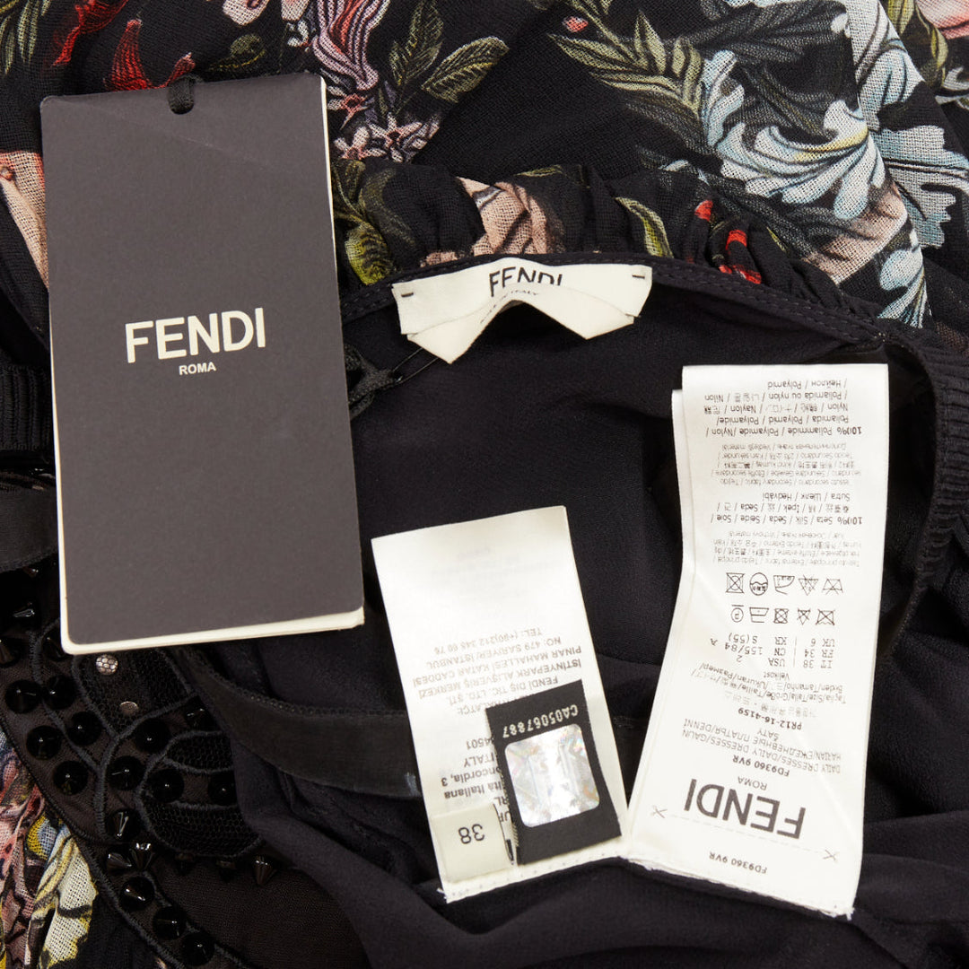rare FENDI 2017 Riwau Blazon Cherub Gauze black silk empire gown dress FR38 M