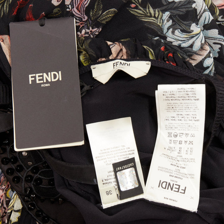 rare FENDI 2017 Riwau Blazon Cherub Gauze black silk empire gown dress FR38 M
