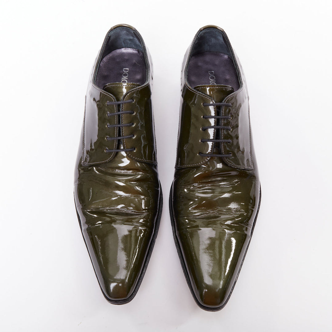DOLCE GABBANA green patent leather pointy lace up brogue shoes UK7 EU41