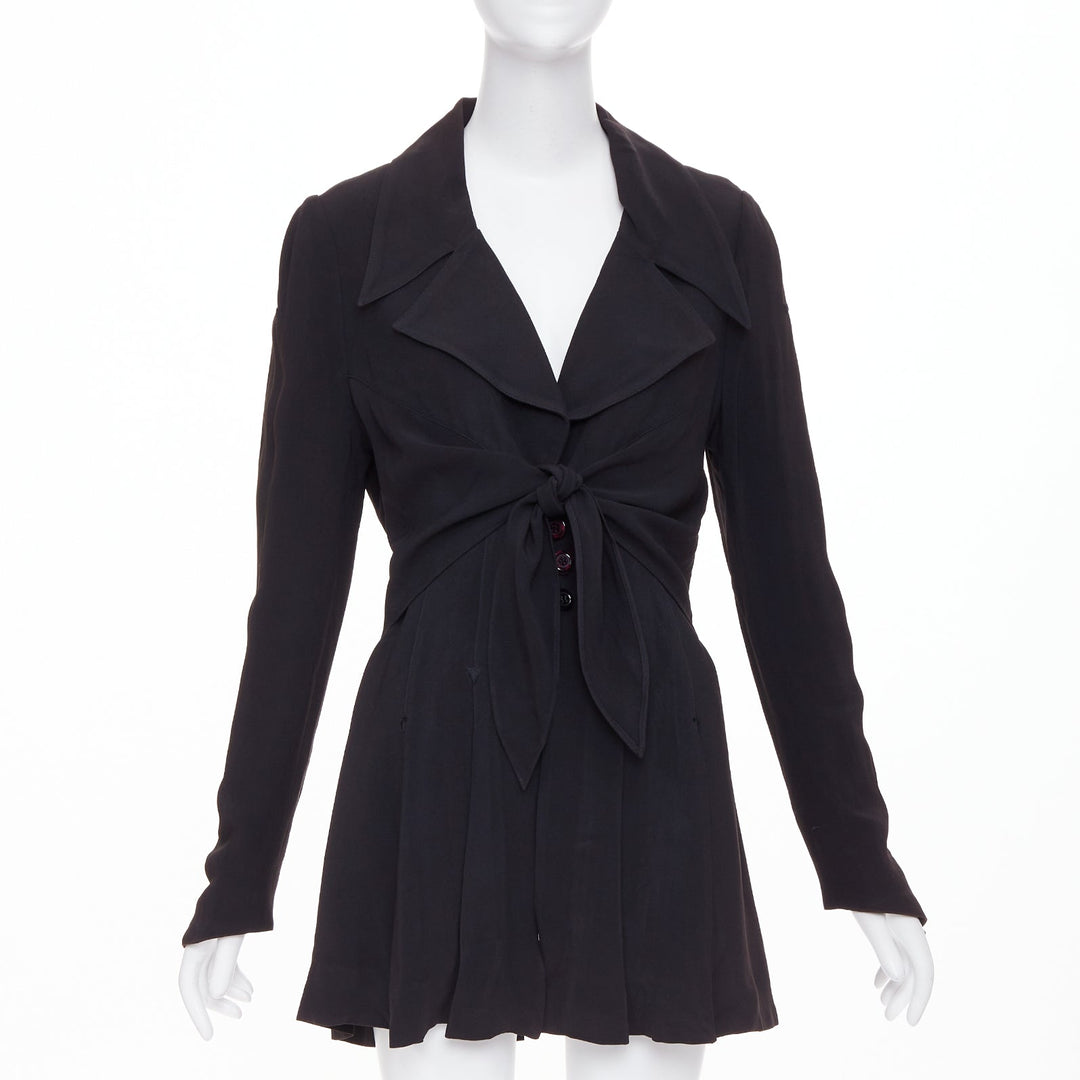 KARL LAGERFELD Vintage black tie front pleated hem wool crepe coat FR44 2XL