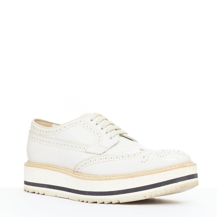 PRADA Wingtip white leather black beige platform brogue oxfords EU38