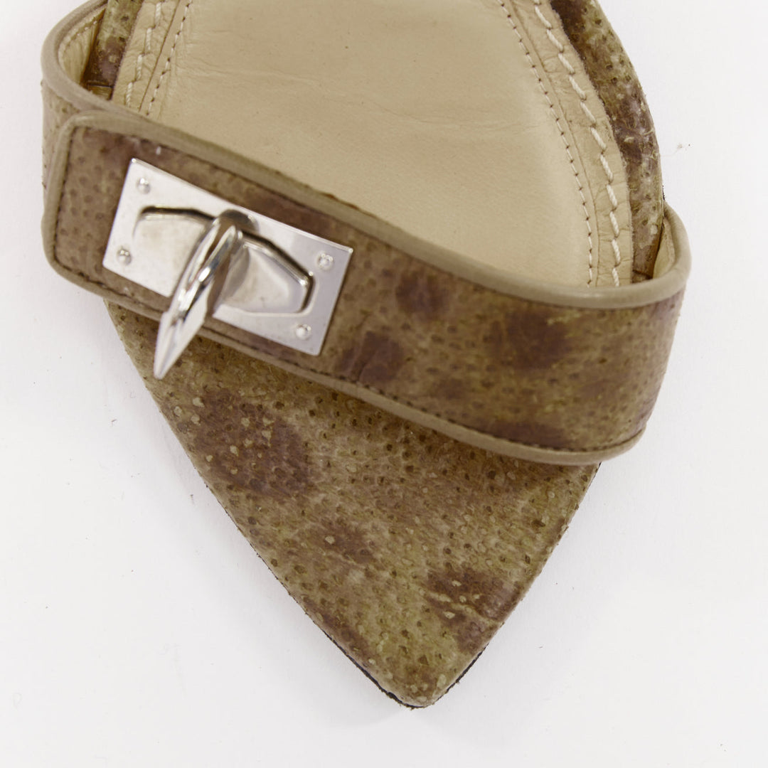 GIVENCHY 2012 Runway Shark Lock khaki textured leather turnlock sandals EU38