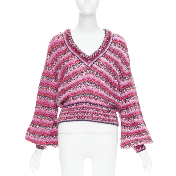 CHANEL 22A pink alpaca blend striped loose knit Vneck CC logo sweater FR38 M