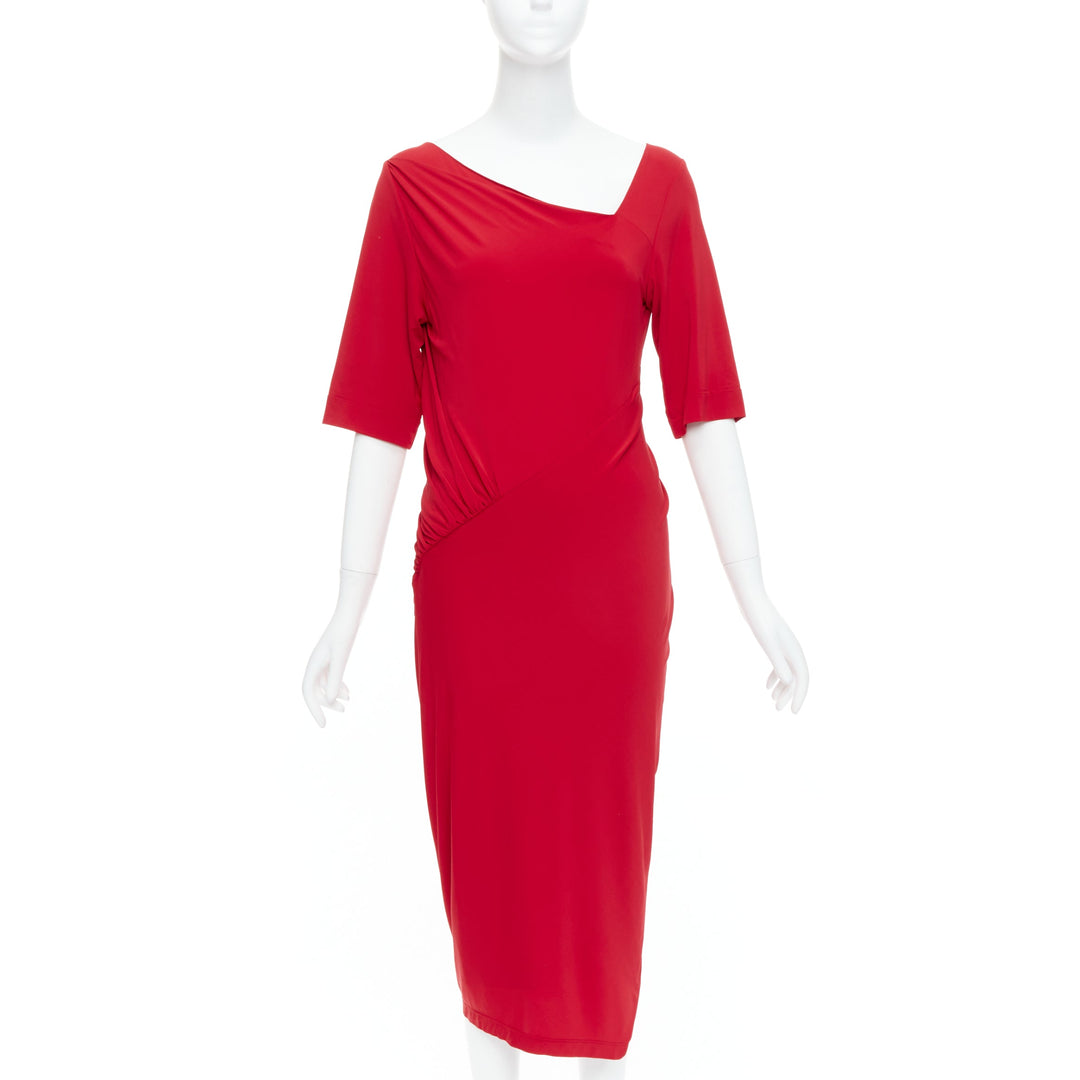 DONNA KARAN red asymmetric neck tuck draped midi dress L