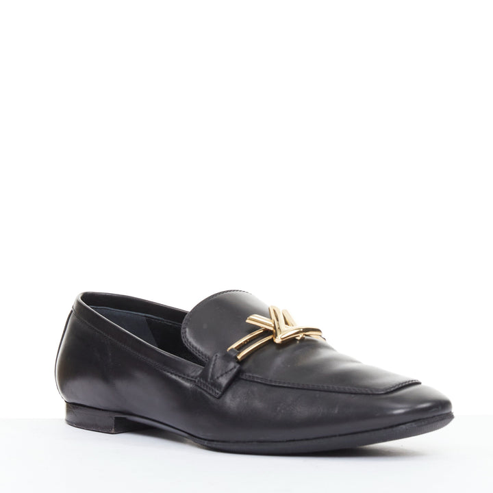 LOUIS VUITTON Upper Case flat black lambskin gold LV bar flat loafers EU36.5