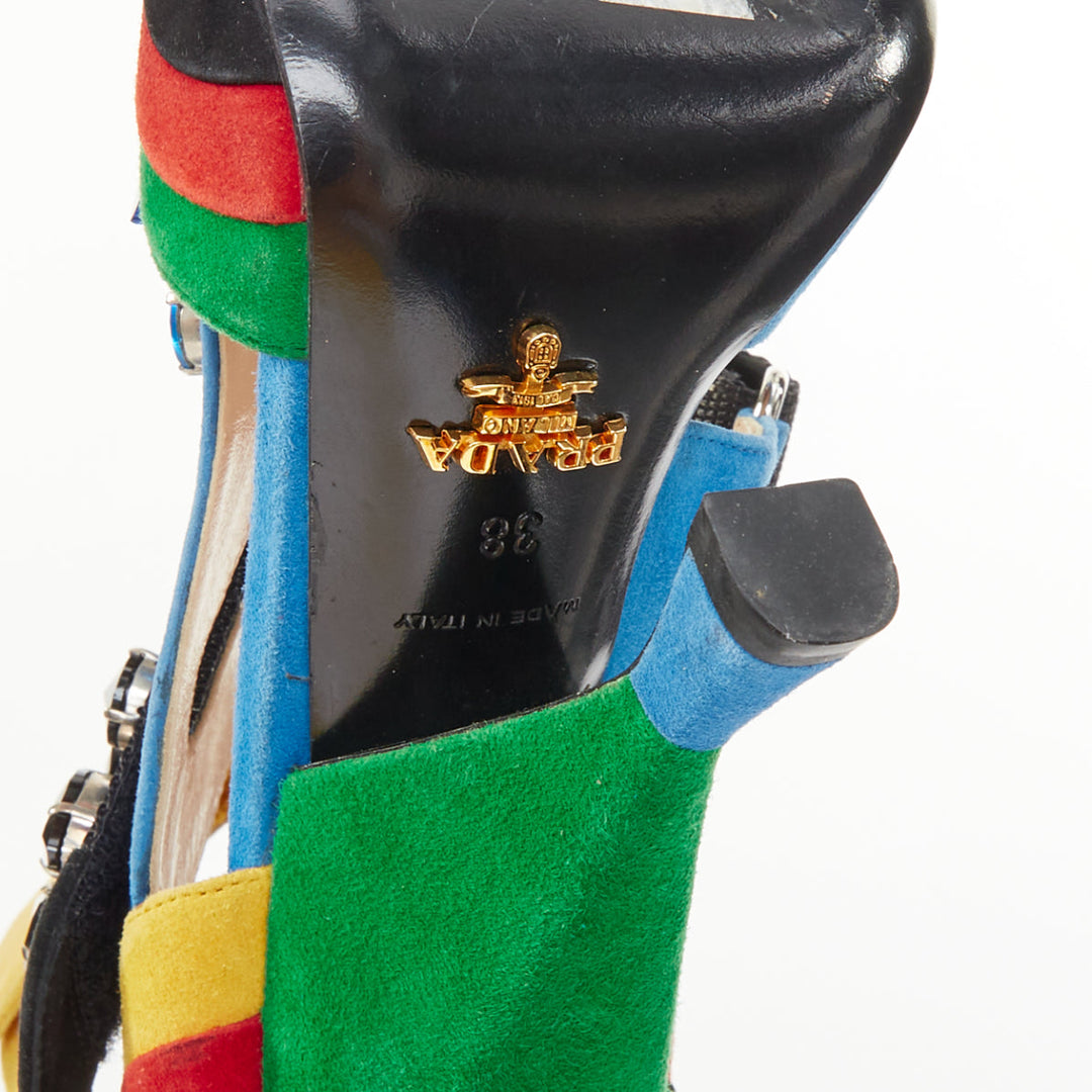 rare PRADA 2014 Runway asymmetric jewel colorblock suede heel sandals EU38 US8