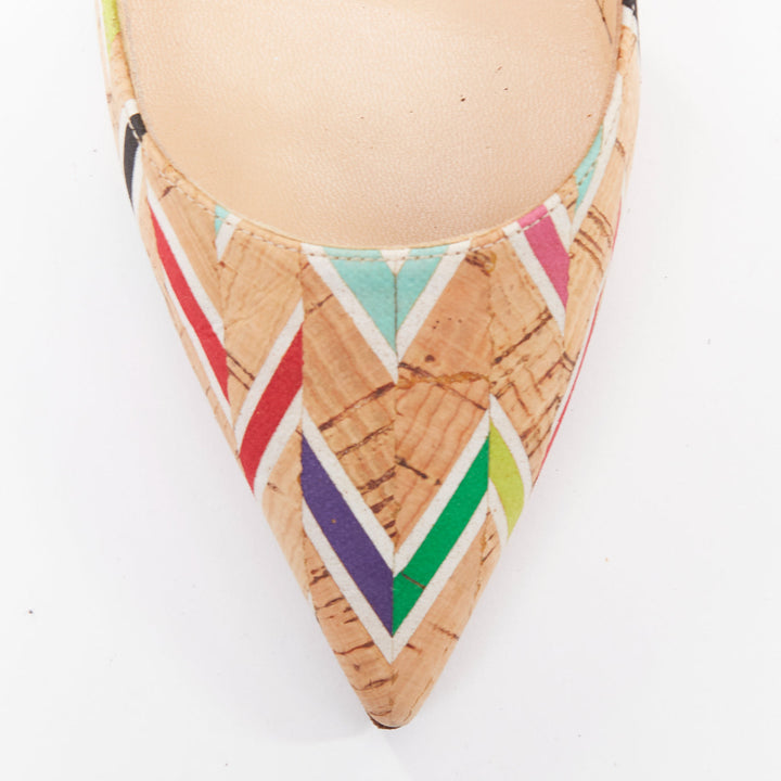 CHRISTIAN LOUBOUTIN So Kate Cork Chevron beige colourful calfskin pumps EU36.5