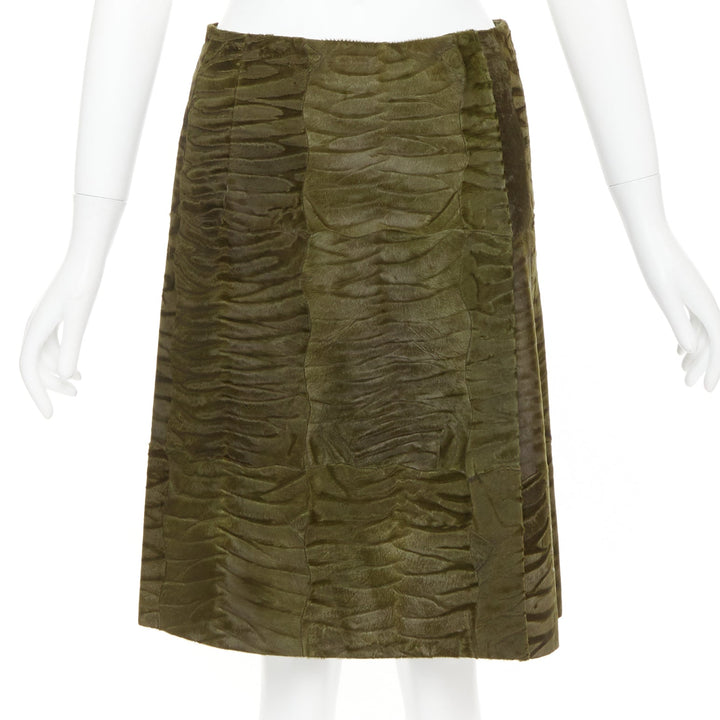 PRADA Vintage 2004 Runway moss green Persian lamb fur A-line knee skirt IT40 S