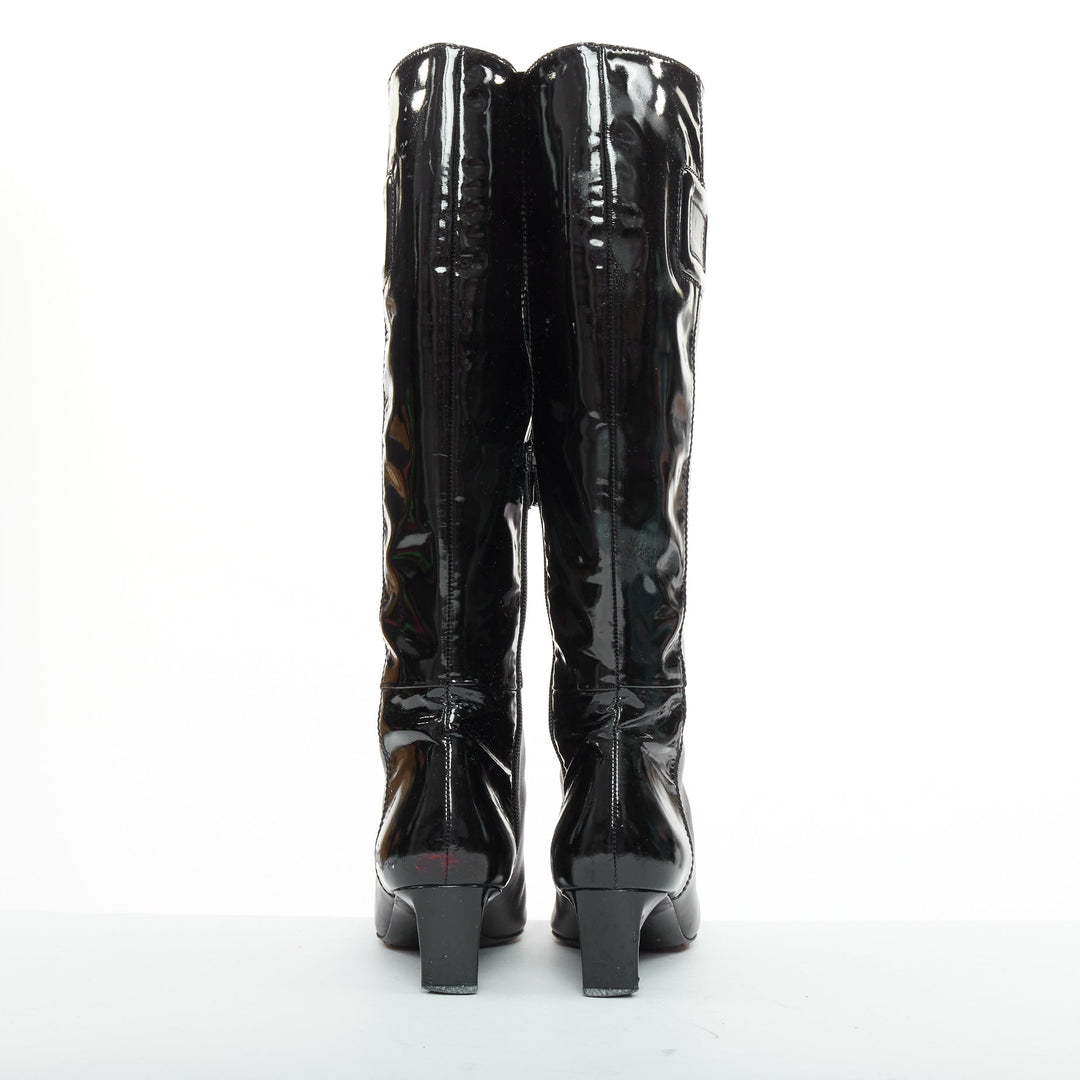 ROGER VIVIER Belle black patent leather split buckle pointy kitten boots EU38