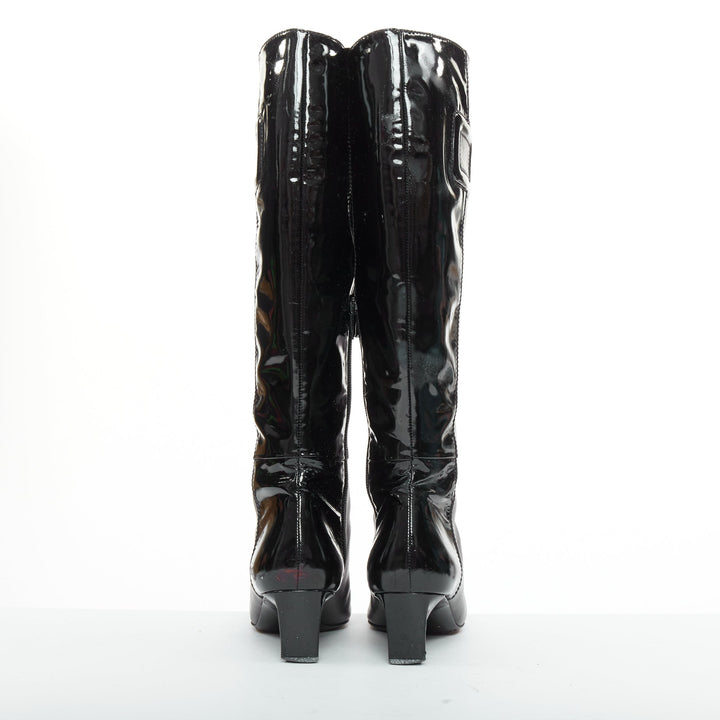 ROGER VIVIER Belle black patent leather split buckle pointy kitten boots EU38