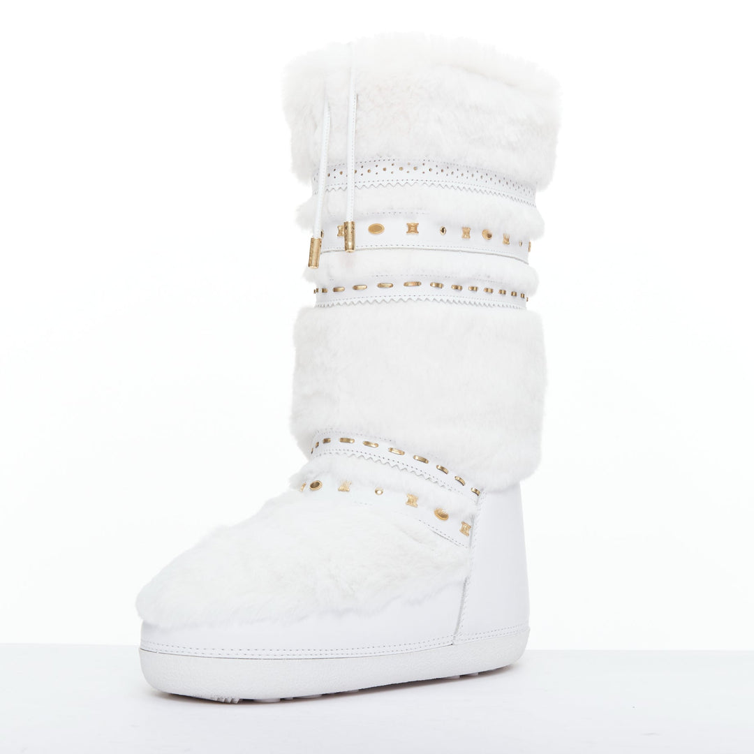 rare CELINE Macadam white gold logo faux fur Triomphe snow boots EU38-40