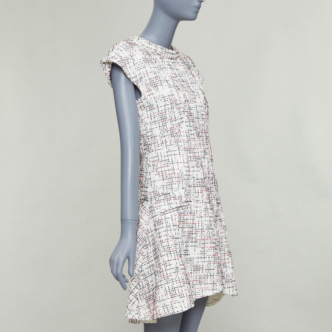 CHANEL 2015 cream red black cotton lattice tweed cap sleeve dress FR34 XS