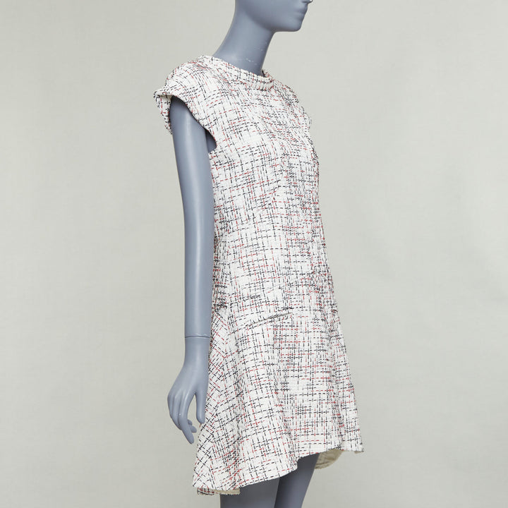 CHANEL 2015 cream red black cotton lattice tweed cap sleeve dress FR34 XS