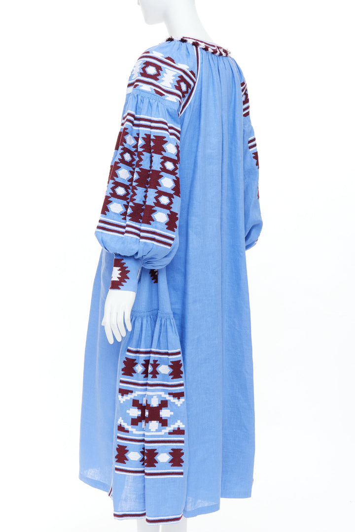 VITA KIN blue linen red folk ethnic embroidery boho peasant kaftan dress S/D