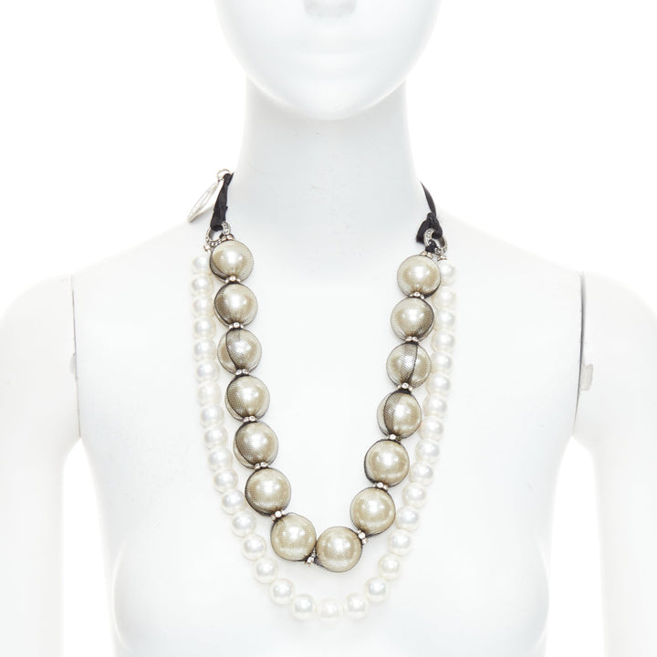 LANVIN black double strand wrapped faux pearl ribbon tie statement necklace