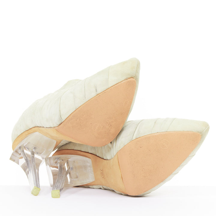 ALEXANDER WANG 2009 Runway light grey ruched suede clear lucite heel bootie EU37