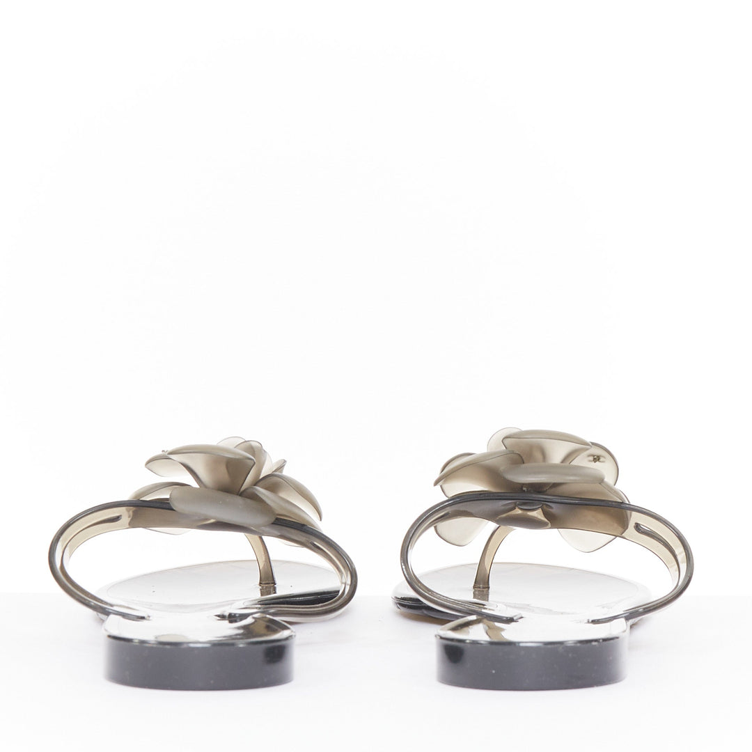CHANEL gray clear Camellia flower open toe rubber thong flat jelly sandals EU38