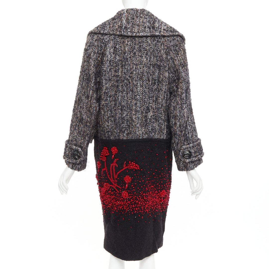 PRADA 2017 speckled wool tweed red bead embellishment hem long coat IT38 XS