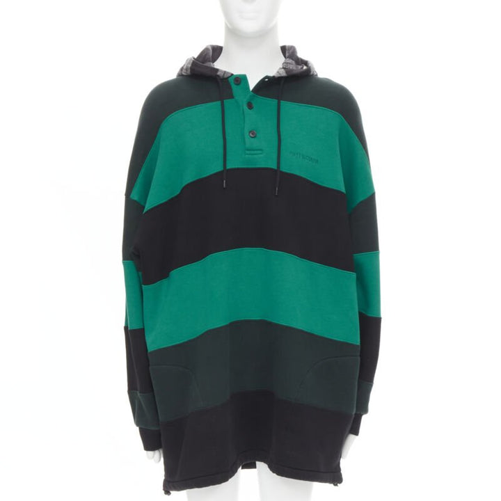 BALENCIAGA Demna green black striped patchwork checked hoodie sweater L