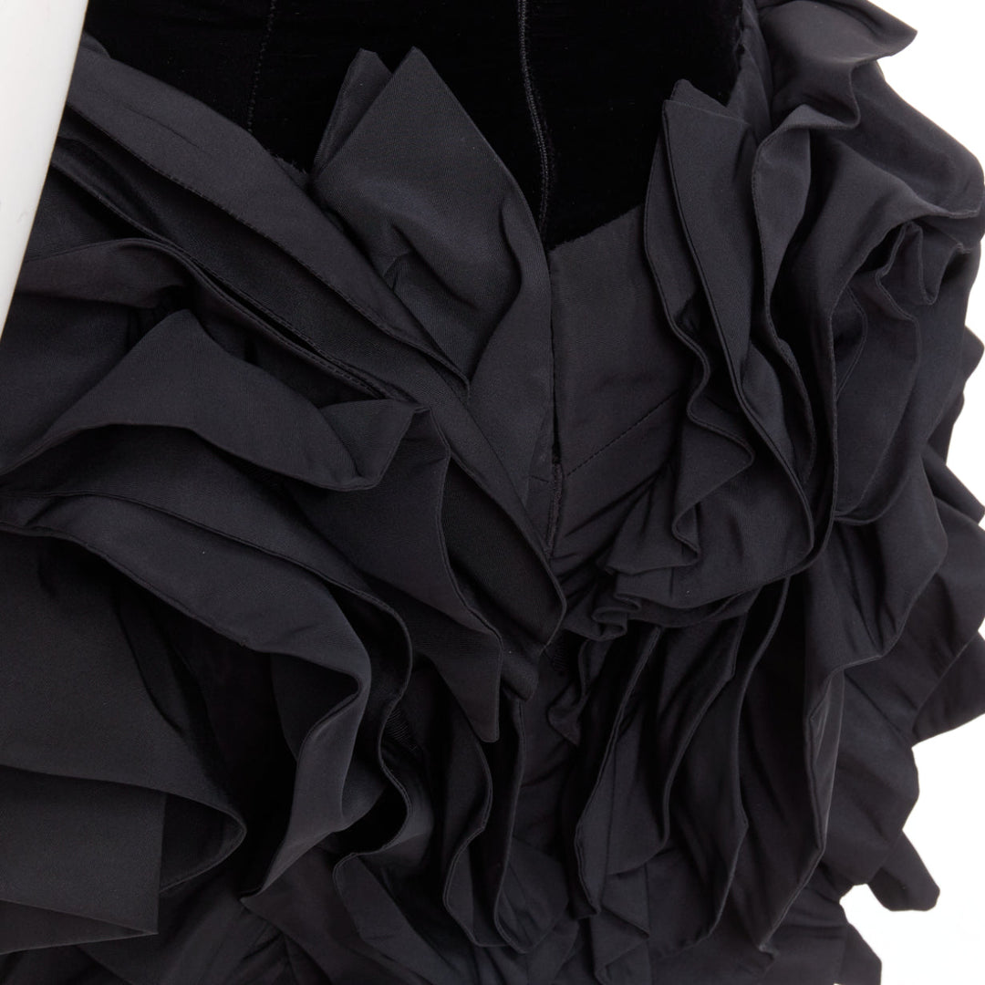 rare ALEXANDRE VAUTHIER COUTURE black velvet taffeta ruffle slit bodysuit dress
