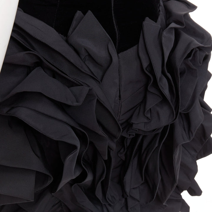 rare ALEXANDRE VAUTHIER COUTURE black velvet taffeta ruffle slit bodysuit dress