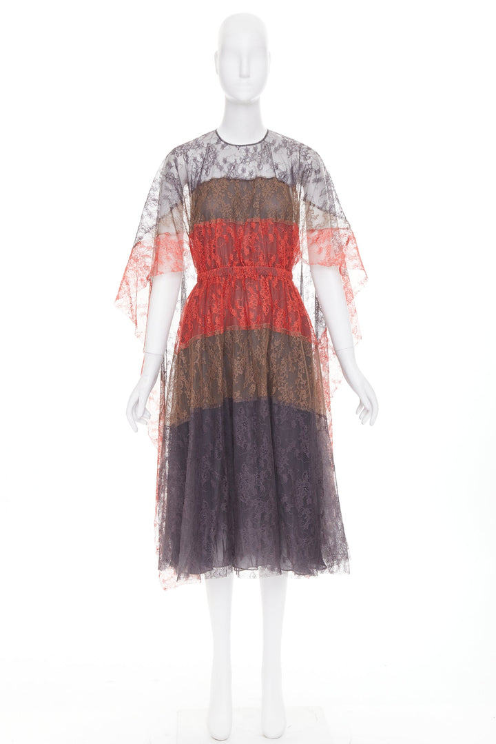 VALENTINO 2015 Runway colorblocked gradient tiered lace cape back dress IT38 XXS
