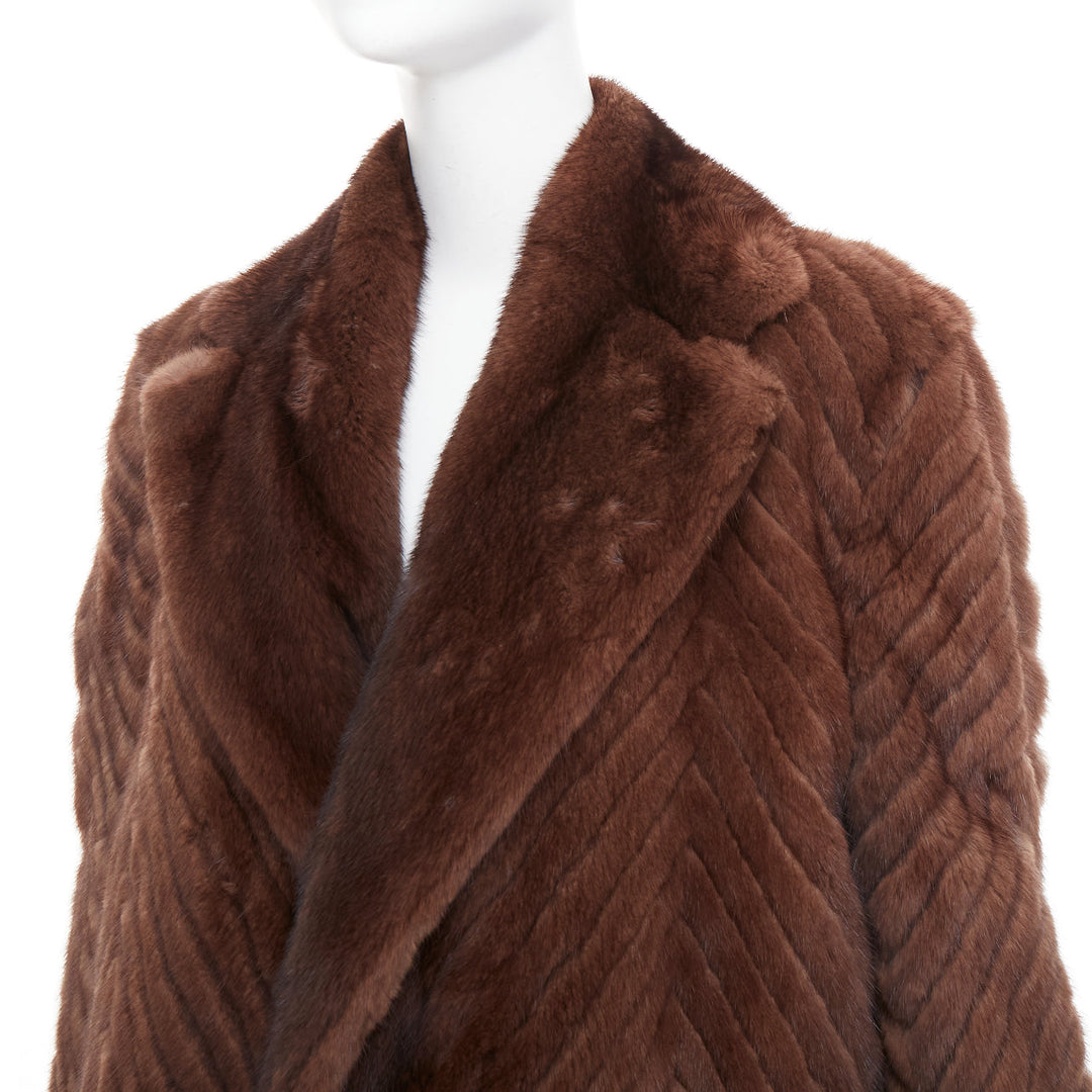 DOLCE GABBANA Alta Sartoria brown chevron cut mink fur silk lined coat IT34 XXS
