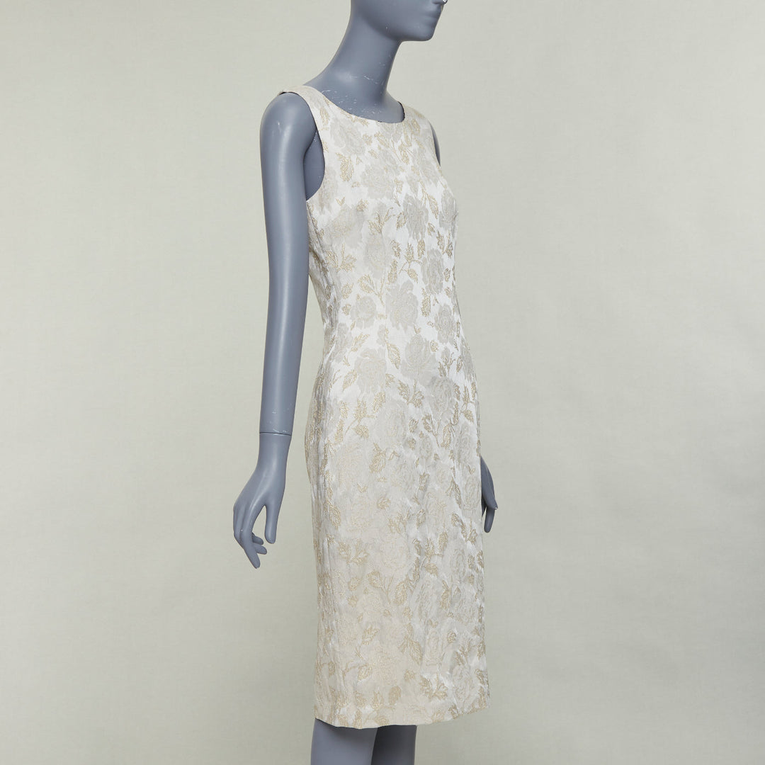 DOLCE GABBANA grey gold floral lurex jacquard bateau neck sheath dress IT42 M