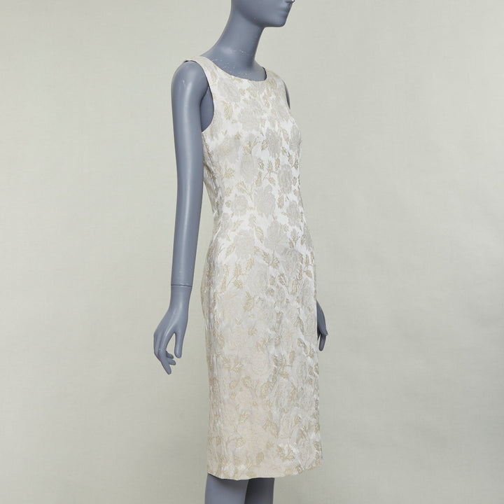 DOLCE GABBANA grey gold floral lurex jacquard bateau neck sheath dress IT42 M