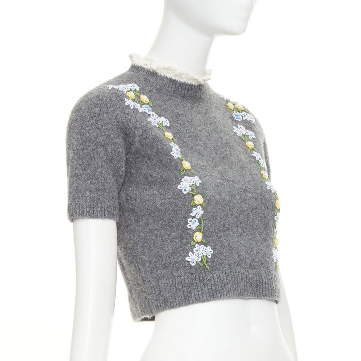 SHUSHU TONG 2024 grey wool embroidered florals lace trim cropped sweater UK6 XS