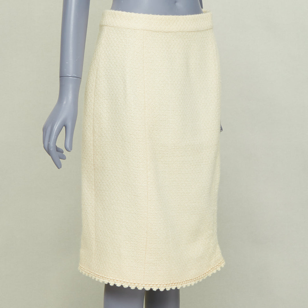 CHANEL Vintage cream wool tweed scalloped hem silk lined pencil skirt FR42 XL