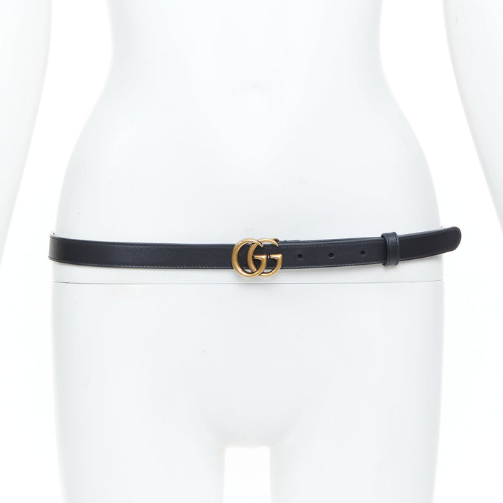 GUCCI Double G Marmont antique gold black smooth leather thin waist belt 90cm