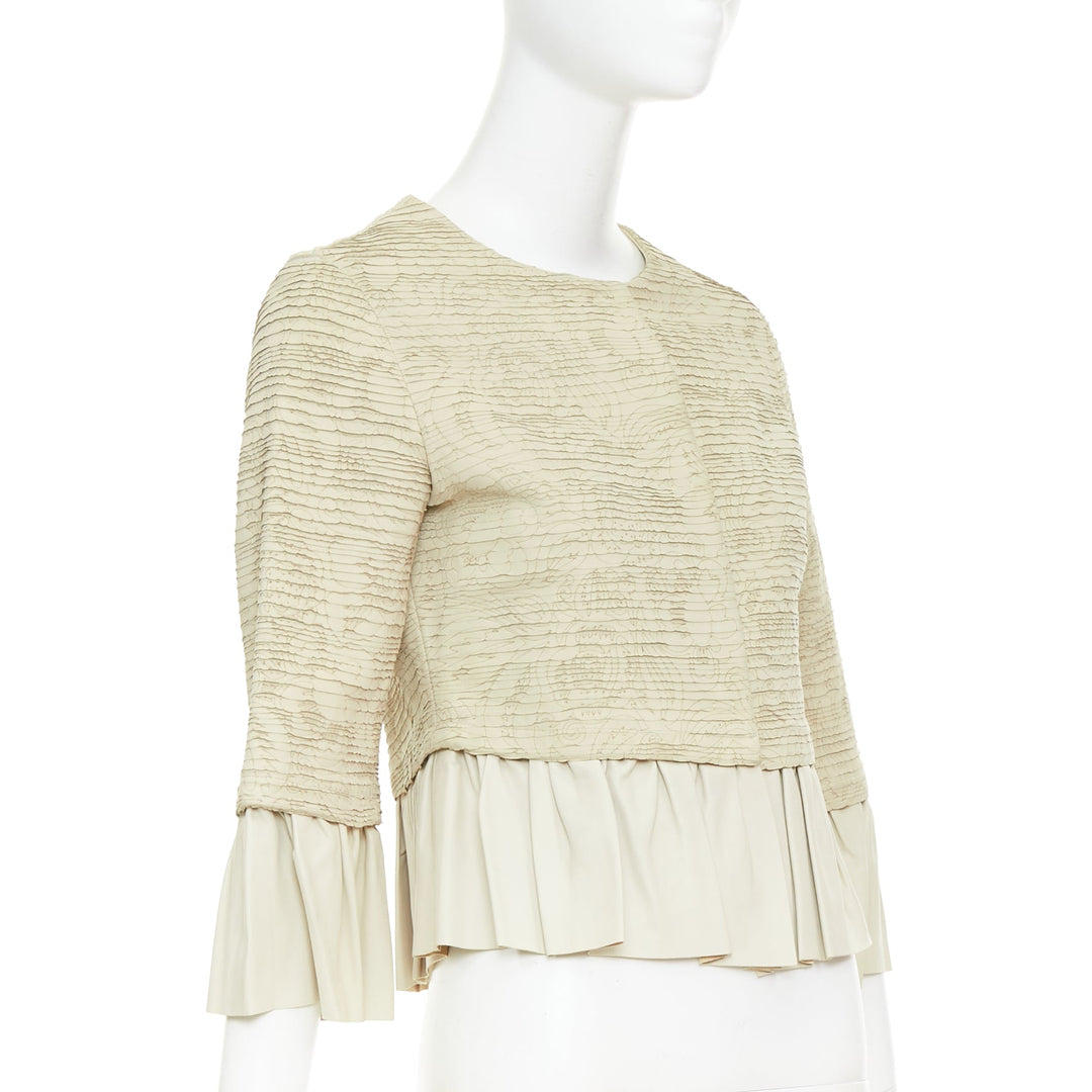 VALENTINO beige lambskin leather floral tiered laser cut ruffle jacket IT40 S