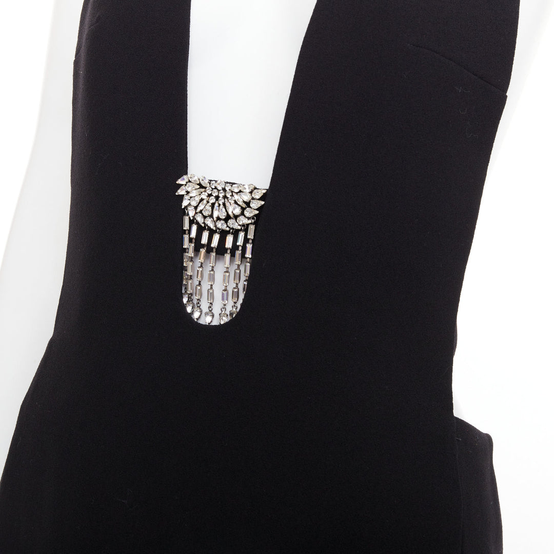 SAINT LAURENT 2022 Runway black plunge neck crystal low back wool dress FR40 L