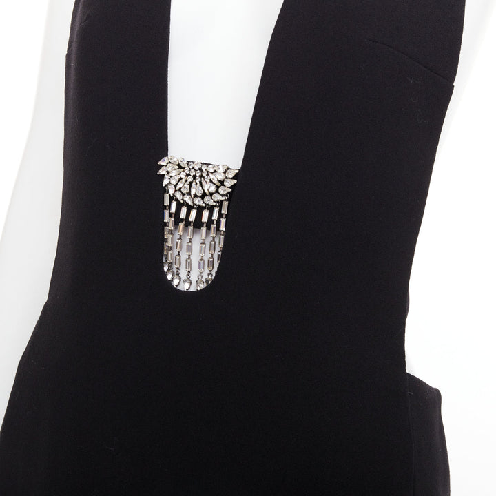 SAINT LAURENT 2022 Runway black plunge neck crystal low back wool dress FR40 L