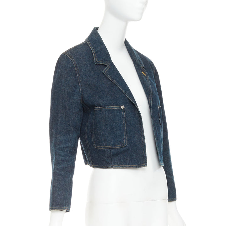 CHANEL 1996 Vintage washed indigo denim logo patch pocket cropped denim jacket