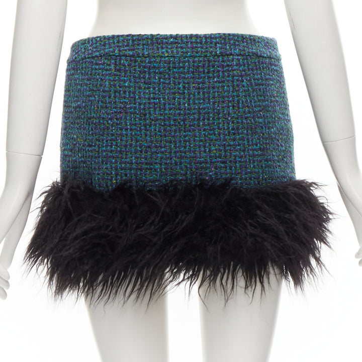 SAINT LAURENT 2022 blue tweed faux fur trim mini skirt FR38 M