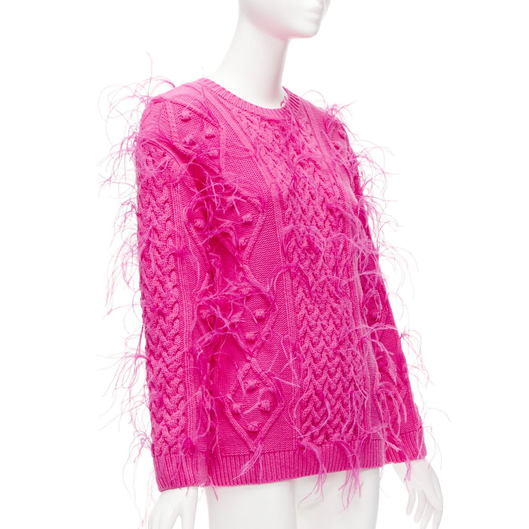 rare VALENTINO PP Pink wool feather embellished mixed cable knit sweater XS